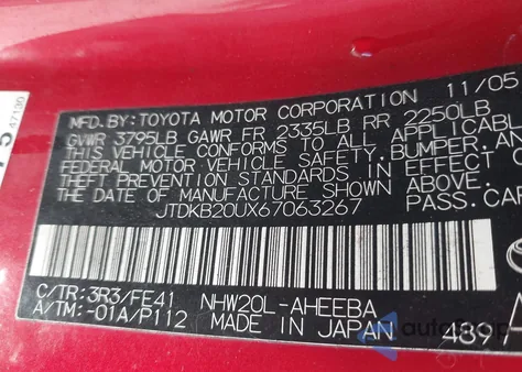 2006 Toyota Prius from USA, damaged, VIN JTDKB20UX67063267